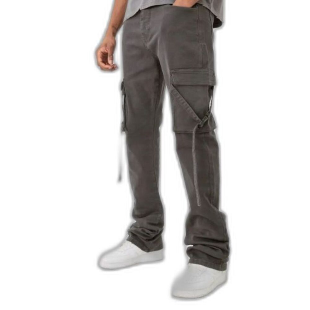 BoohooMan Tall Fixed Waist Slim Stacked Flare Strap Cargo Trouser Charcoal 32